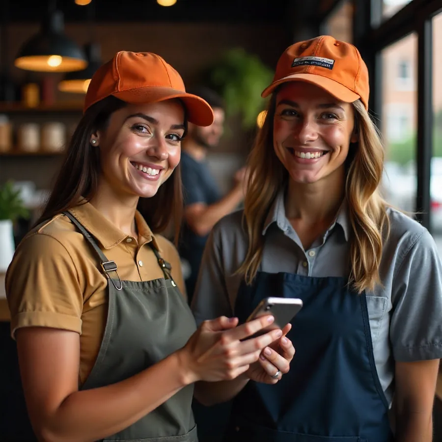 Two hospitality freelancers in uniform checking shifts on the ResolveUK app