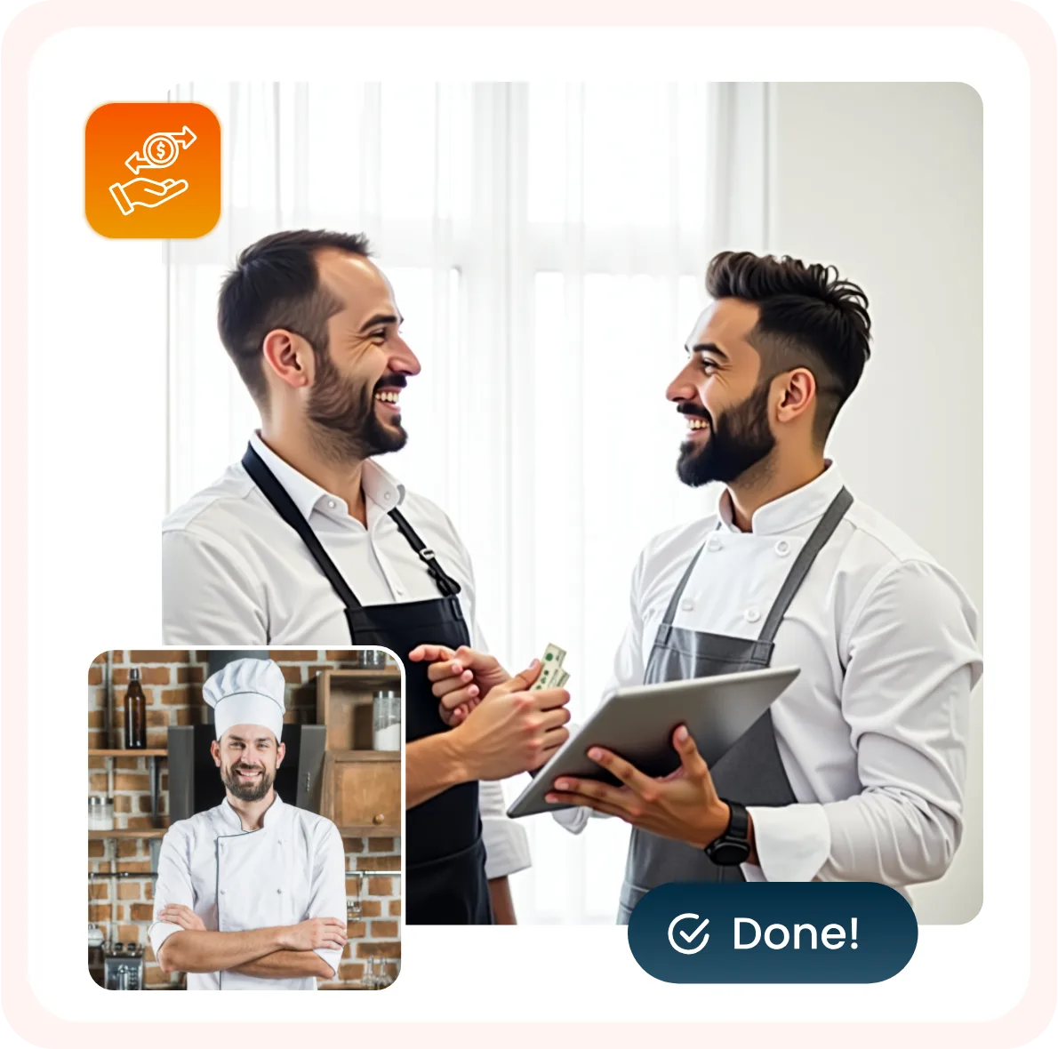 Two hospitality freelancers shaking hands after a shift is completed and paid